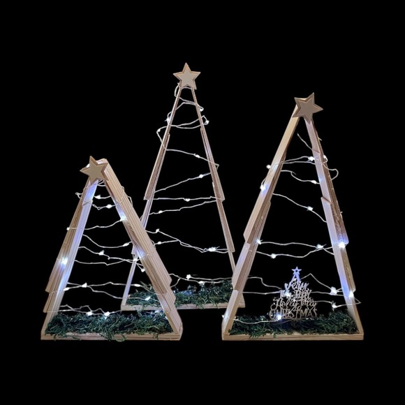 Set of 3 Rustic Wooden Christmas Trees with Lights, 10, 13.5, 15 in. Heights - Picture 3 of 13